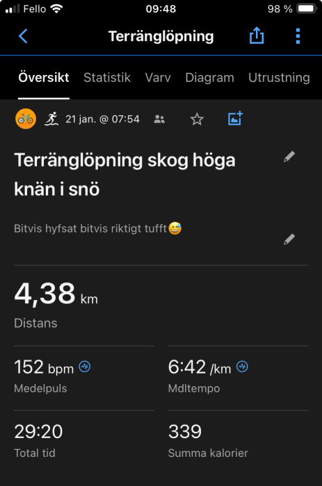 Skärmavbild av löparapp: terränglöpning, 4,38 km, 152 bpm, 6:42/km tempo, 29:20 total tid, 339 kalorier.