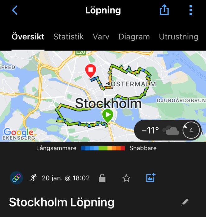 En skärmavbild av en löpningsapp med en rutt genom Stockholm, kallt väder, vid Östermalm.