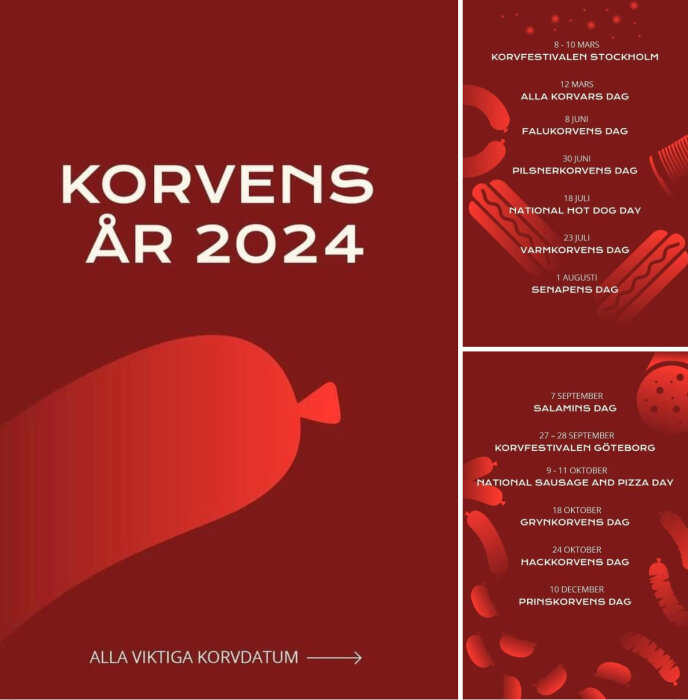 Affisch för "Korvens År 2024" med datum för korvrelaterade festivaler och temadagar i Sverige.