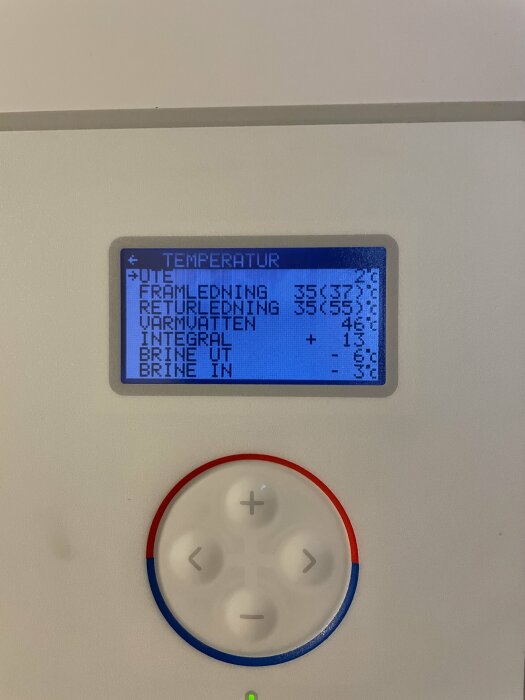 Digital kontrollpanel som visar temperaturer med justeringsknappar nedtill. Inomhusinstallation, troligen för värme eller kyla.