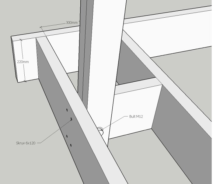 Teknisk ritning, byggkonstruktion, mått, skruvar, bultar, gråskala, ingenjörsdesign, detaljerad komponentvisualisering.