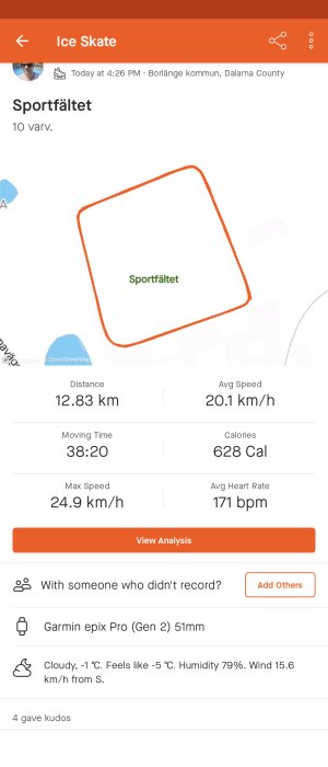 Sportaktivitet registrerad via app: skridskoåkning, 12.83 km, 38 min, kallt väder, användarens data och utrustning.