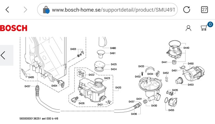 Teknisk ritning, diskmaskin reservdelar, märkt med nummer, Bosch, svartvitt, schematisk uppställning, online support.