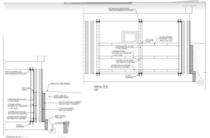 Arkitektonisk byggritning, sektioner A-A och B-B, konstruktion, mått, detaljer, dränering, svensk text.