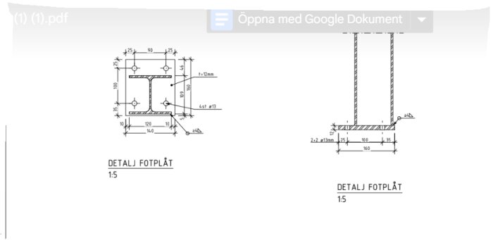 Teknisk ritning, detaljerad konstruktionsvy, fotplåt, måttangivelser, skala 1:5, PDF-dokument, tvärsnitt och planvy.