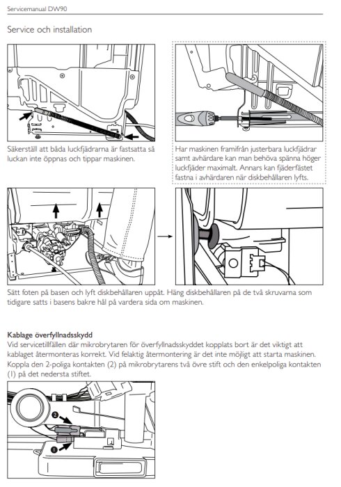 Illustrationer av installation och justering av maskindelar, möjligen för en diskmaskin, med svensk instruktionstext.