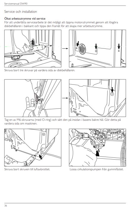Servicemanual, illustrationer, demontering, diskmaskin, skruvar, vägledning för ökat arbetsutrymme, komponenter, serviceinstruktioner.