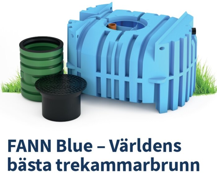 Blå trekammarbrunn, grön förlängning, svart lock, gräs, text "världens bästa trekammarbrunn".