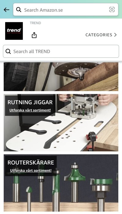 Skärmbild av Amazon, verktyg för träbearbetning, fräsar, jigg, sökfält, navigering, e-handel, inredning.