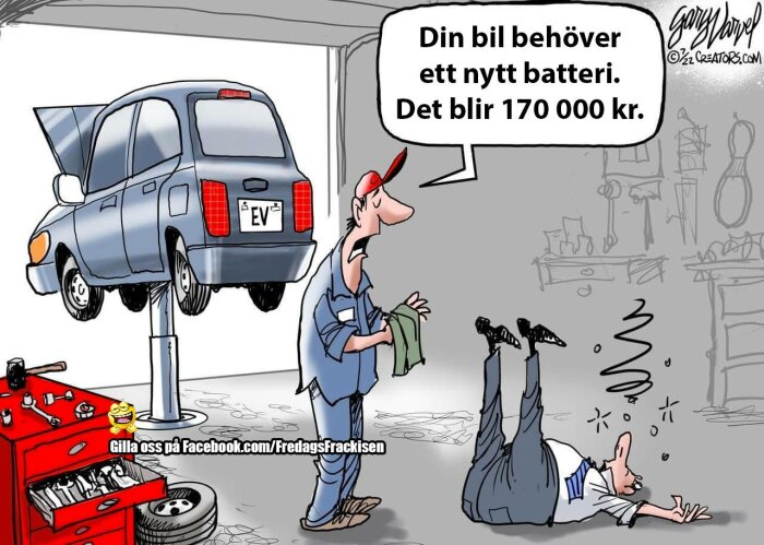 En karikatyr som visar en chockerad bilägare och en mekaniker; dyrt batteribyte för elbil; humoristisk och överdriven.