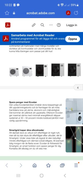 Skärmdump av en webbläsaresida, visar Acrobat Reader reklam och värmepumpar, text på svenska, energibesparingstips.
