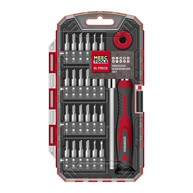 Ett 51-delars precisionsskruvmejselset av märket MEEC Tools, med olika bits och en skruvmejsel, förpackat och klart för försäljning.