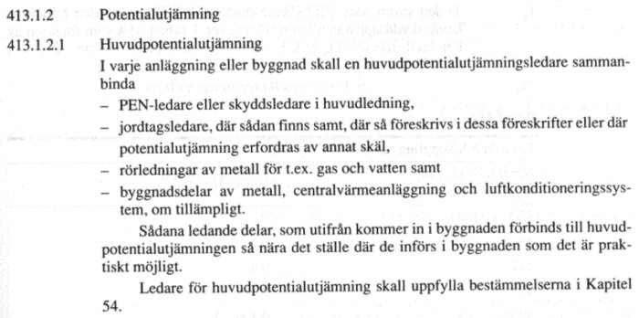 Svensk text om elinstallation och huvudpotentialutjämning inomhus, del av teknisk handbok eller föreskrift.