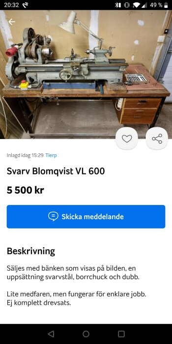 Begagnad metallsvets, bordsmonterad, tillbehör inkluderade, säljes för 5 500 kronor. Använd skick, ej komplett.