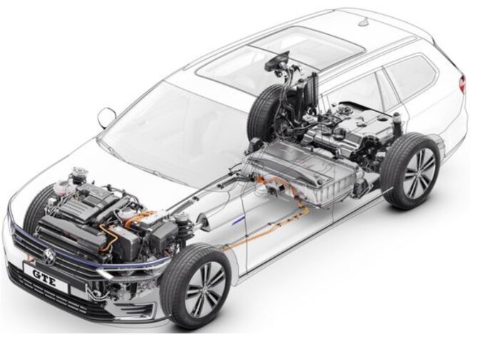 Transparent bil visar interna delar: motor, batteri, kablage, undervagn. Hybridfordonskonceptillustration.