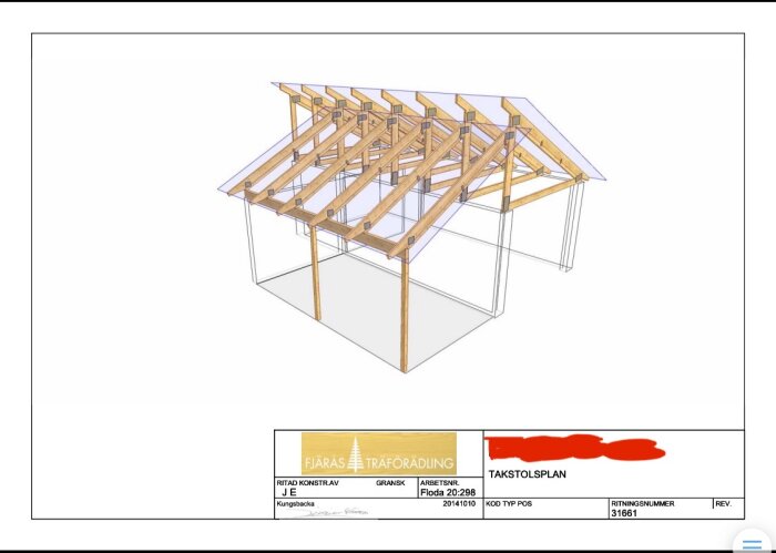 3D-modell av träkonstruktion, takstolar, ingenjörsteknisk ritning, transparant byggnadsomriss, dokumentation i nedre delen.