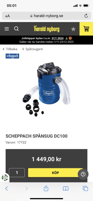 En skärmdump av en produkt, Scheppach spånsug, på en e-handelssida med pris och köpknapp.