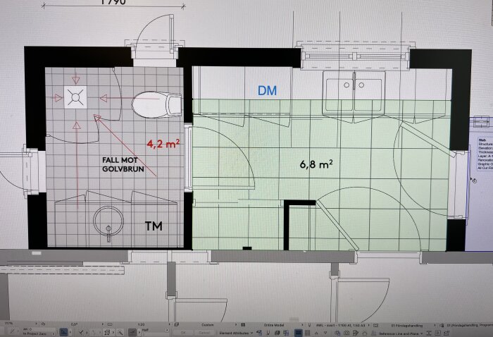 Arkitektonisk ritning av ett badrum och en kemtvätt med måttangivelser och layoutdetaljer på datorskärm.