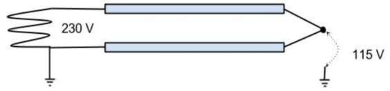 Elektrisk krets med transformator, reducerar spänning från 230V till 115V. Enkel schematisk representation.