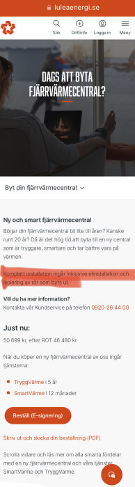 Webbsidebild som reklam för byte av fjärrvärmecentral, med priser och kundserviceinformation.