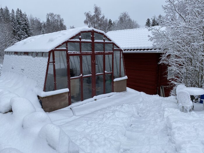 Ett växthus och ett rött skjul täckt med tjockt lager snö, vilande i ett vintersceneri.