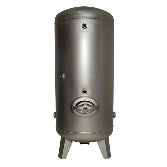 Metallisk cylinderformad behållare med ben, luckor och uttag mot en vit bakgrund.
