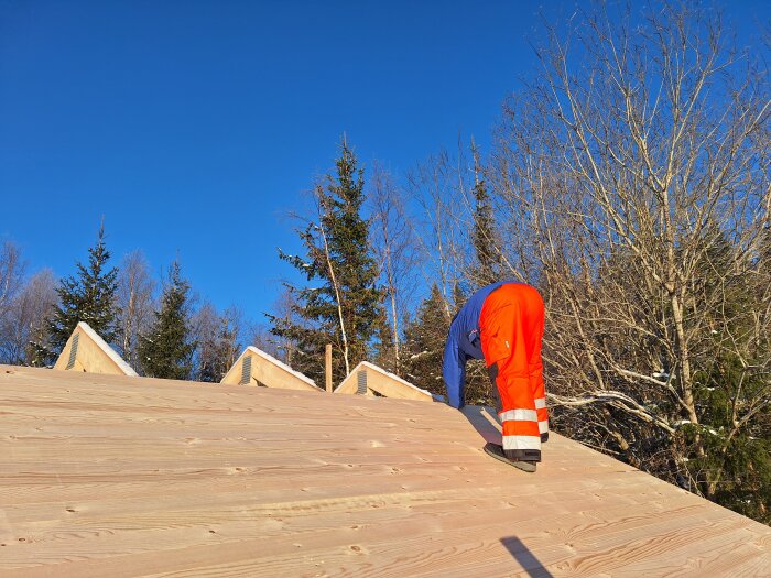 Arbetare i orange byxor lutad på träkonstruktion mot klarblå himmel med träd i bakgrunden.