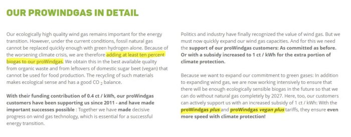 En text om vindgas, biogas, hållbarhet och klimatskydd. Texten markeras i gult för poängtering.