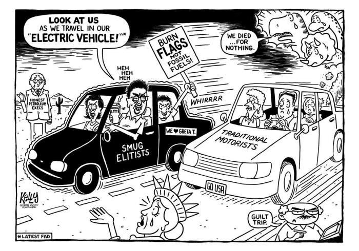 Satirisk tecknad bild som kontrasterar självgoda elbilsförare mot traditionella bilister. Ekologisk debatt, Greta Thunberg-referens, nationsstolthet.