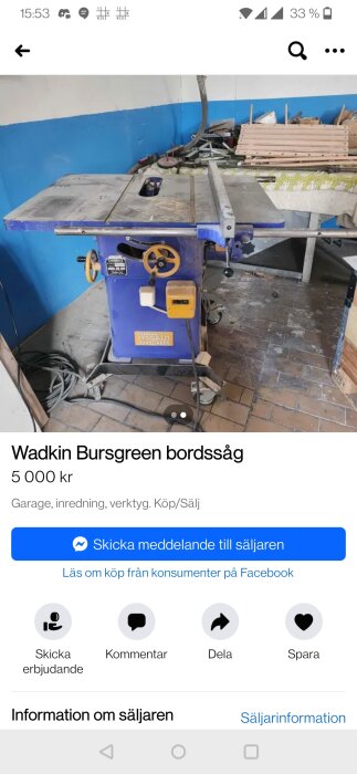 En Wadkin Bursgreen bordssåg till salu i verkstadsmiljö, annonserad på en köp- och säljsida.