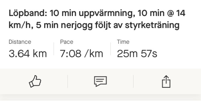 Skärmavbild av löpträningsdata: distans, tempo, tid, och träningsbeskrivning.