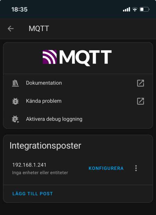 Skärmavbild av en MQTT-integrationsmeny i en app, med inställningar och en IP-adress.