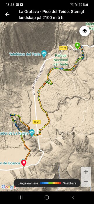 Skärmdump av GPS-karta som visar rutt, Teide National Park, bergsterräng.