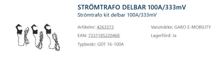 Produktinformation om en delbar strömtransformator, 100A/333mV, inklusive artikelnummer, EAN-kod och lagerstatus.