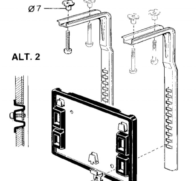 Explosionsritning, ALT. 2, möjlig monteringsinstruktion, skruvar, delar i perspektiv, detaljerad visuell guide.