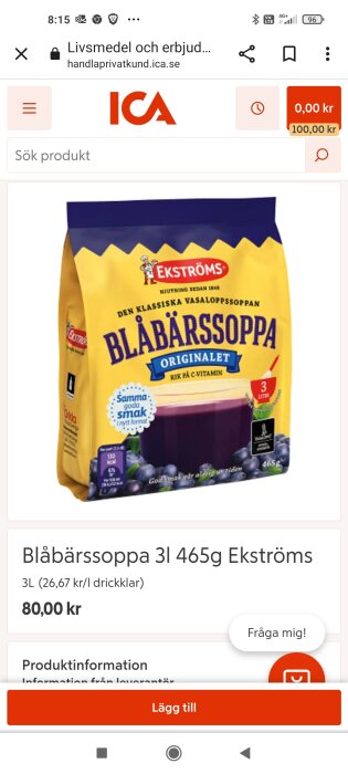 Webbsida visar Ekströms blåbärssoppa, 3L förpackning, 80 kr, C-vitaminrik, traditionell svensk produkt.