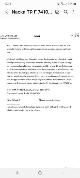 Skärmdump av svensk domstolsdokument, Nacka Tingsrätt, beslut om kostnader, instruktioner för överklagande.
