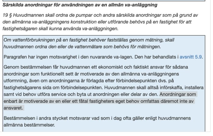 Bild på en svensk text snutt om ansvar för vattenanläggningsunderhåll enligt juridisk standard.