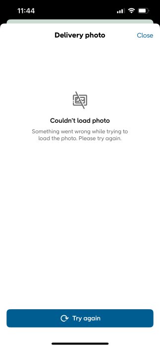 Skärmavbildning av mobilt gränssnitt som visar felmeddelande "Couldn't load photo" med knappen "Try again".