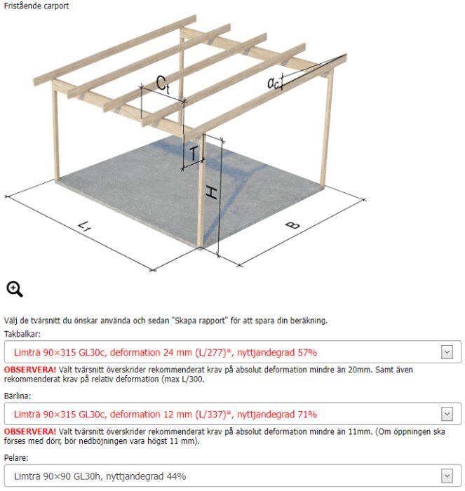 3D-modellerad bild av en fristående carport med dimensioner och beräkningsdetaljer för träkonstruktion.