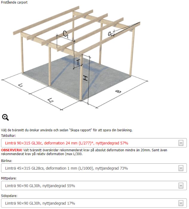 3D-modell av en fristående carport med takstolar, stolpar och måttangivelser för konstruktion.