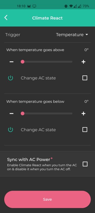 Mobilapp för klimatkontroll, ställer in AC-reagerar vid specifika temperaturer, användargränssnitt, spara-inställning.