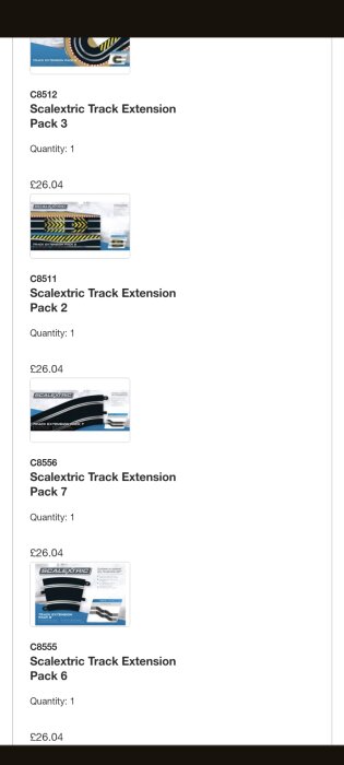 Produktlista för Scalextric banutvidgningspaket med priser och artikelnnummer. Bilracingbana. Totalt fyra föremål.