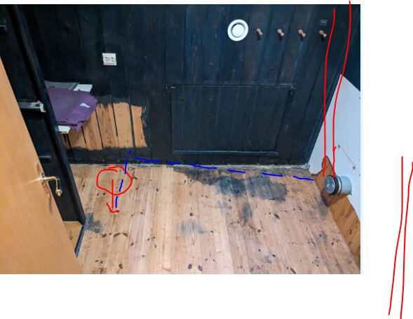 Trägolv, svart dörr, röda markeringar, blå streck, cirkel runt dörrhandtag och golvspricka, inomhusmiljö.