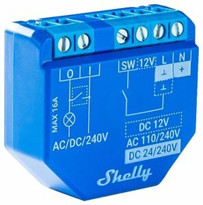 Blå, kompakt, elektrisk reläenhet, installationsklämmor, ledningsdiagram, Shelly-logotyp, max 16A, AC/DC-omkopplingskapacitet.