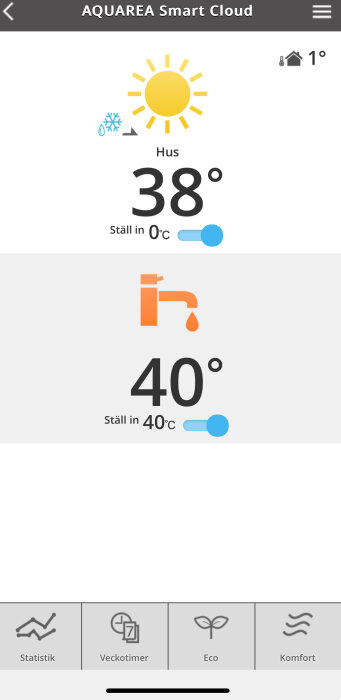 Smartphone-app för värmestyrning; inomhus- och varmvattentemperatur inställningar; väderikonen visar kallt utomhus.