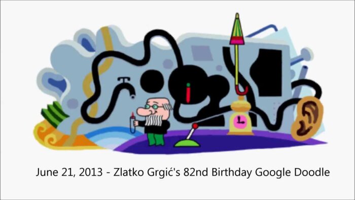 Google Doodle firar Zlatko Grgićs 82:a födelsedag med tecknad karaktär och abstrakta former.