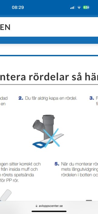 Instruktion för rörmontage, ej kapa rördelar, grå rördelar med kryss, avloppscenter.se, skärmklipp med tid och batteri.