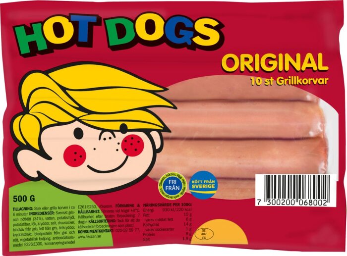 Paket med hotdogs, "Hot Dogs Original", tecknad figur, röd bakgrund, information om innehåll, svensk text, barnteckning.