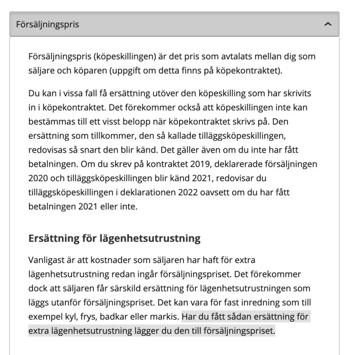 Dokument om försäljningspris och ersättning för lägenhetsutrustning på svenska, innehåller text och ingen bild.